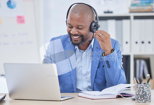 Image of Telemarketing, sales consultant or black man with crm communication, call center and consulting on laptop. Business, smile and telecom agent, financial advisor or technical support person on computer