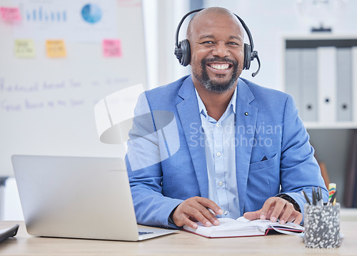 Image of Call center, consultant or black man portrait for telemarketing sales, crm communication and consulting strategy. Business, services and telecom agent, financial advisor or technical support person