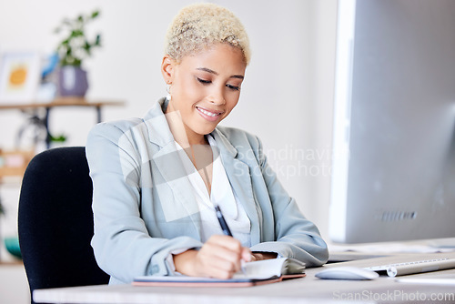 Image of Business woman, writing and planning schedule in notebook with a smile at office administration desk. Professional person happy while making note of agenda, list and planner for corporate management