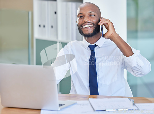 Image of Portrait, phone call and laptop with a business black man talking for a survey or research questionnaire in his office. Mobile, contact and communication with a male employee asking a question