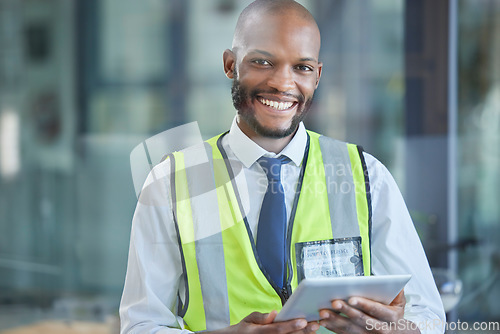 Image of Portrait, black man and engineer with tablet for engineering research. Architecture, construction and happy male architect or contractor from Nigeria holding touchscreen technology for communication.