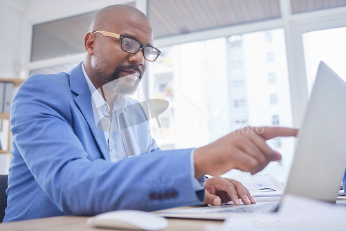 Image of Thinking, black man point and business computer of an accounting website developer with idea. Laptop, working and web design research of a tech employee planning digital innovation project with data