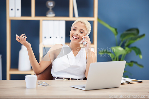 Image of Business, black woman and phone call in office, conversation and planning for new project. African American female employee, boss and leader with smartphone for connect, corporate deal and discussion