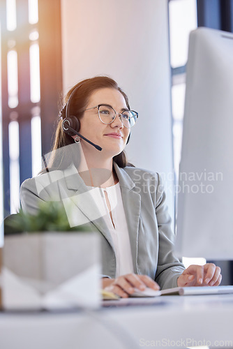 Image of Woman, telemarketing and typing computer in call center office for customer service, crm support and consulting employee. Contact us, online communication and happy consultant agent working on pc