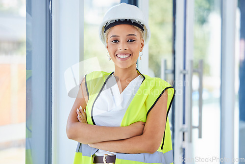 Image of Portrait, construction worker or black woman in architecture for career vision, leadership and goals. Proud, happy and safety of an engineering person, manager or boss with office building mission