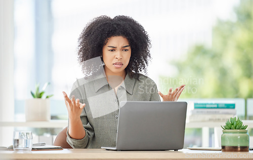 Image of Laptop, glitch and frustrated with a business black woman looking upset or annoyed while working in her office. Computer, 404 and angry with a female employee feeling stressed or overworked