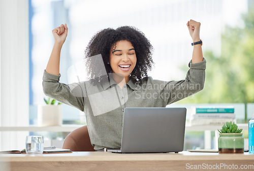 Image of Wow, success and excited black woman with laptop reading email with news of bonus, promotion or winning announcement. Happy, sales target prize and winner employee celebrating on office with smile.