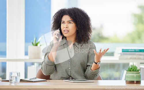 Image of Business, phone call and black woman angry, frustrated and disappointed with project deadline, stress and schedule. Corporate, African American female employee and leader with smartphone and upset