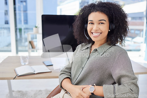 Image of Call center, portrait and black woman, technical support agent or help desk person for service goals, target and smile. Happy customer care, telemarketing or telecom consultant or crm worker face
