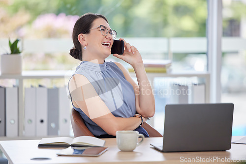 Image of Office, laptop and phone call, woman talking at desk with smile and planning schedule or meeting. Business, communication and administration, happy receptionist with smartphone networking at startup.