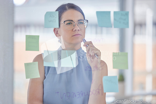 Image of Planning, thinking and woman with workflow, strategy and scrum or agile for project management goals. Ideas, solution and problem solving person or business worker with sticky notes on a glass board