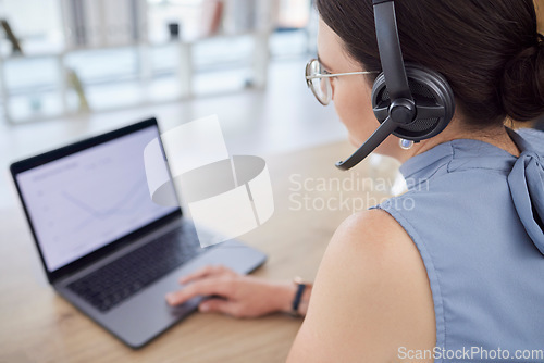 Image of Call center, customer support and woman with laptop in office for networking, communication and crm. Telemarketing, computer and female worker with microphone for client help, service and consulting