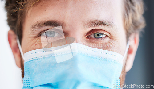 Image of Closeup, portrait and man with mask for safety, protection and regulations for illness, sickness and disease. Zoom, male person or face cover for medical policy, healthcare or compliance for wellness