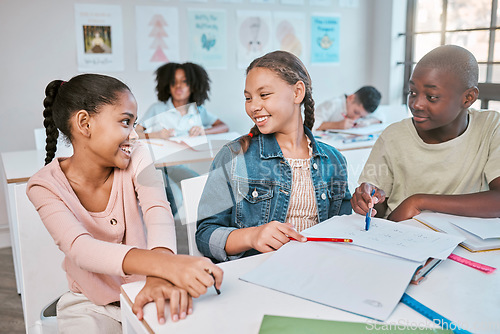 Image of Friends, education and children talking in classroom, working together on project in Montessori school. Books, help and group of students with math test question, brainstorming and thinking at desk.