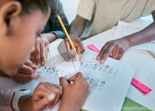 Image of School, children and hands writing for teamwork with learning activity in classroom group together. Young kids and students working on literacy and academic exercises for development at desk.