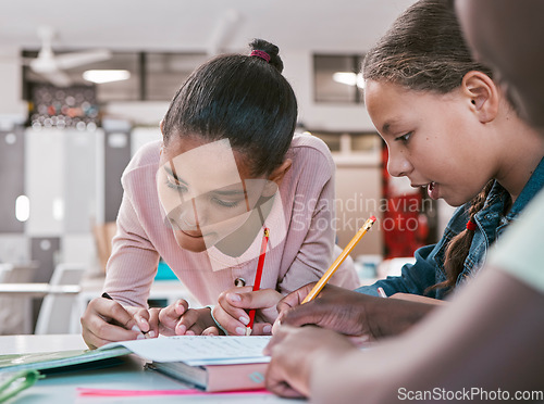 Image of Kids, students and group writing in classroom for learning activity and education together with stationery. Young children working on literacy and academic exercises for development at school desk.