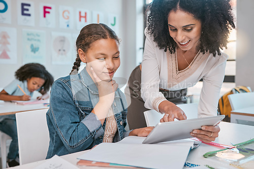 Image of Tablet, education and teacher with child learning, thinking and idea in support, help and classroom. Happy woman or person teaching girl kid on technology in English, language or creative development