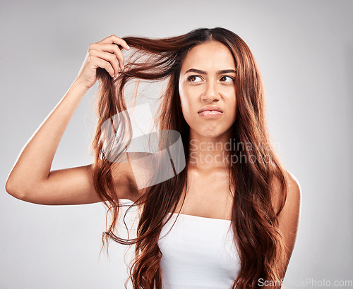 Image of Woman, hair care and angry face in studio for luxury wellness, damaged hair loss or frustrated. Upset model, salon stress and messy hairstyle mistake, beauty problem or split end in grey background