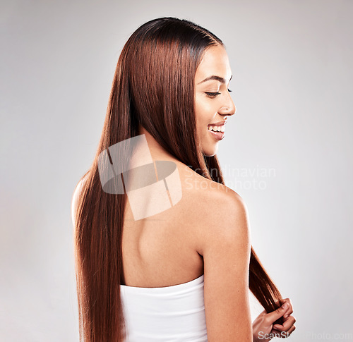 Image of Hair, beauty and back of woman in studio for grooming, healthy hair and salon treatment on grey background. Profile, haircare and happy girl model relax for luxury, keratin and shiny results isolated