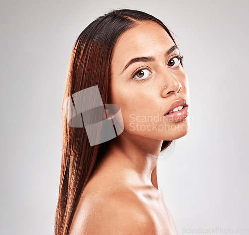 Image of Skincare, portrait and black woman isolated on a white background for natural beauty, glow or cosmetics mockup. Face of young model or person in studio headshot for facial, dermatology and aesthetic