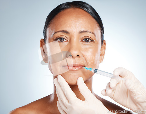 Image of Injection, lip filler and portrait of woman face for plastic surgery, cosmetics and beauty implant. Skincare, facial syringe and botox aesthetic for liposuction, transformation and studio background