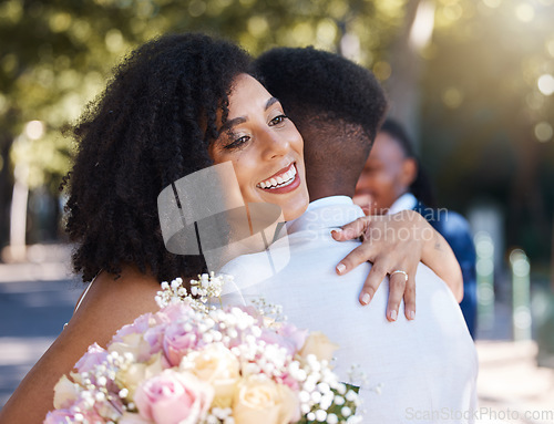 Image of Wedding, couple and outdoor marriage celebration event for bride and groom together with commitment. Happy married man and woman at ceremony with trust, partnership and a hug with flower bouquet