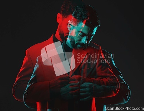 Image of Double exposure, fashion and man on black background in vintage clothes, elegant and classy suit. Creative aesthetic, red shadow and male model with luxury, designer and stylish clothes in studio