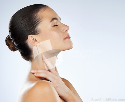 Image of Face, woman profile and eyes closed with skin, content with skincare and beauty facial isolated on studio background. Cosmetic care, manicure and dermatology wellness with natural cosmetics mockup