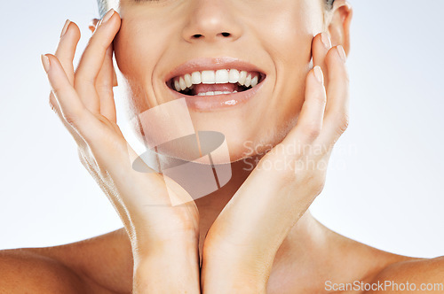 Image of Woman, hands and teeth wellness closeup dental hygiene, cosmetics oral care and luxury beauty. Model, facial happiness and clean tooth healthcare or dentist veneers whitening in white background