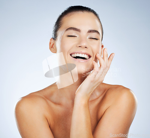 Image of Woman, happy and big smile with teeth for dental wellness, cosmetics oral care and luxury beauty glow. Model, facial happiness and skincare health or dentist veneers whitening in white background