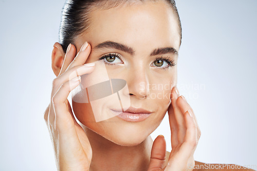 Image of Beauty woman and face zoom for skincare portrait with hydration, self care and natural glow of people. Dermatology, aesthetic and healthy skin of person on isolated gray studio background