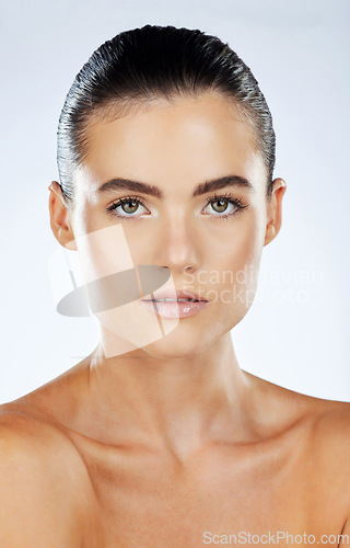 Image of Skincare, beauty aesthetic and portrait of woman on white background for cosmetics, makeup and facial treatment. Luxury spa, dermatology and face of female for glowing skin, healthy body and wellness