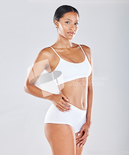 Image of Portrait, body and woman in underwear with skin for fitness, health and wellness isolated on studio background. Diet, cellulite and exercise, healthy lifestyle mockup and weightloss with nutrition