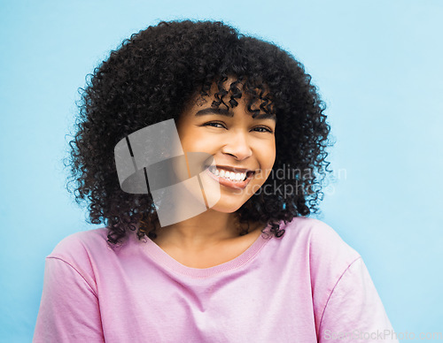 Image of Smile, beauty and portrait of black woman on blue background with makeup, cosmetics and fashion mockup. Happiness, advertising and face of girl with positive mindset, happy attitude and freedom