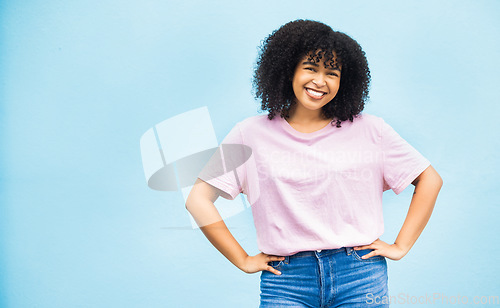 Image of Studio mock up, happy portrait and black woman smile for sales promo, discount gift deal or mockup space. Advertising girl, marketing product placement and African model isolated on blue background