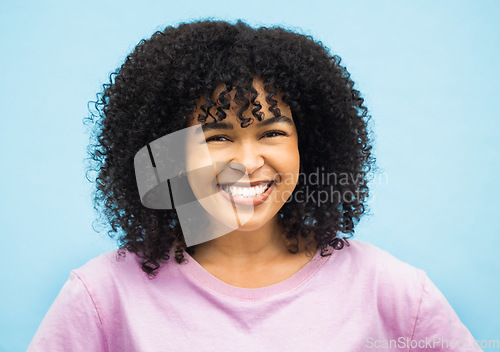 Image of Fashion, smile and portrait of black woman on blue background with makeup, cosmetics and beauty. Mockup space, advertising and happy face of African girl for positive mindset, attitude and confident