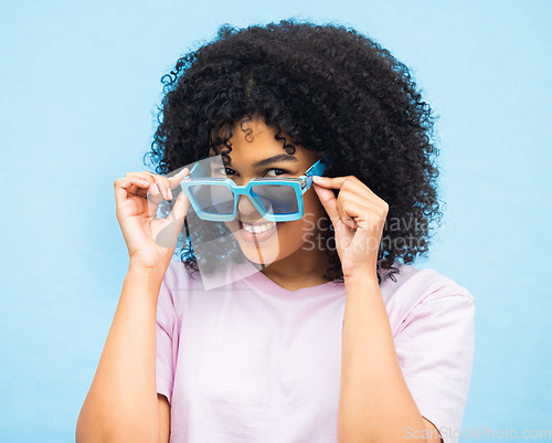 Image of Smile, sunglasses and happy with portrait of black woman for summer, fashion and beauty. Adventure, holiday and happiness with face of girl model and eyewear for weekend, trip and travel vacation