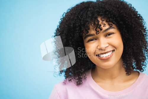 Image of Face, smile and portrait of black woman on blue background with makeup, cosmetics and fashion mockup. Beauty, advertising and happy girl with copy space for retail sale, promotion news and discount