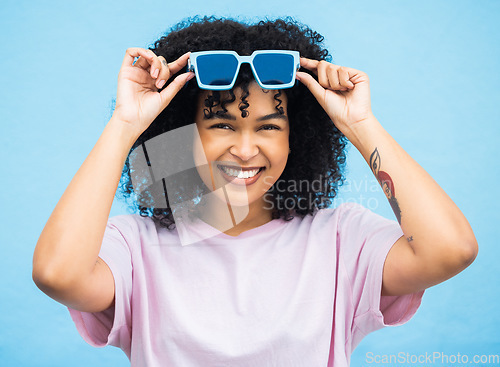 Image of Happy, sunglasses and summer with portrait of black woman for smile, fashion and beauty. Adventure, holiday and happiness with face of girl model and eyewear for weekend, trip and travel vacation