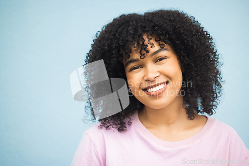 Image of Smile, fashion and portrait of black woman on blue background with makeup, cosmetics and retail mockup. Beauty, advertising and happy face of girl with copy space for sale, promotion and discount