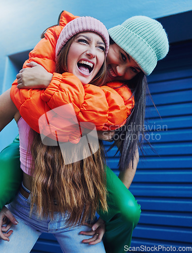 Image of Friends, city fashion and piggyback girl with outdoor adventure, funny and comic face with happiness together. Gen z women, metro and blue background for trendy clothes, smile and happy in street