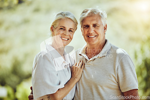 Image of Love, portrait or happy old couple in nature or park bonding or hugging in a happy marriage partnership. Retirement, senior man or romantic elderly woman together on a calm relaxing holiday vacation