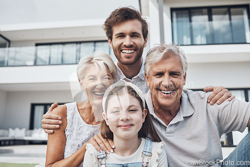 Image of Happy family, smile portrait and new home property, homeowner real estate and love together outdoor. Parents happiness, children and quality time in house backyard for support, care and trust outdoor