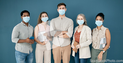 Image of Portrait, covid and leader with business people in office for health and safety. Leadership, compliance and group of employees, men and women with face mask or ppe to stop coronavirus for wellness.