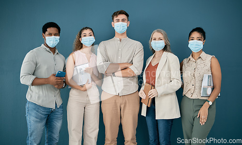 Image of Covid, portrait and leader with business people in office for health and safety. Leadership, compliance and group of employees, men and women with face mask or ppe to stop coronavirus for wellness.