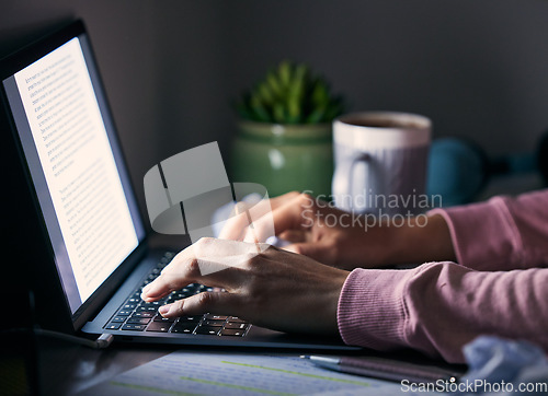 Image of Hands, laptop and writing in office at night, journalism and article, story and research by inspired writer. Typing, internet and search by male journalist working late on deadline, creative and busy