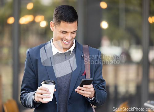 Image of Travel, happy or business man with phone for networking, social media or communication in London street. Search, Coffee or manager on smartphone for research, internet or blog content review outdoor