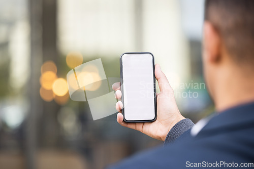 Image of Mockup, screen or business man with phone for networking, social media or communication in London street. Search, travel or manager on smartphone for research, internet or blog content review outdoor