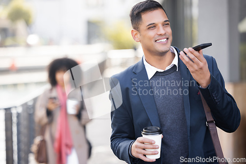 Image of Happy, travel or business man with phone call, audio memo or virtual assistant in city, road or street in London. 5g network, smile or employee on smartphone networking, communication or contact us