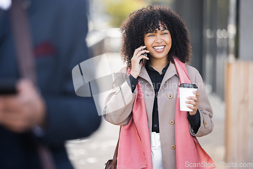 Image of Happy, travel or business woman with phone call for contact us, speaking or networking in London street. Smile, 5g network or employee with smartphone for strategy, communication or success planning